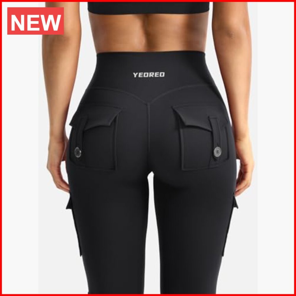 High Waisted Flare Leggings with Pockets Hidden Scrunch No Front Seam - Picture 3 of 7